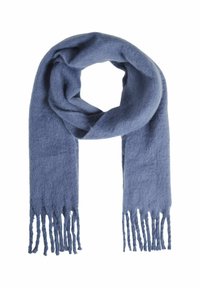 Sciarpa di lana blu, texture morbida, forma rettangolare, bordi frangiati, materiale leggero e superficie liscia e uniforme.