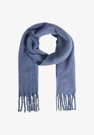 Sininen villahuivi, pehmeä rakenne, suorakulmainen muoto, tupsutettu reuna, kevyttä materiaalia ja sileä, tasainen pinta.