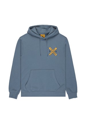 Grijze hoodie van een katoenmix. Beschikt over een voorzak in kangoeroestijl en een grafisch logo in het geel op de borst. Verstelbare trekkoordkap.