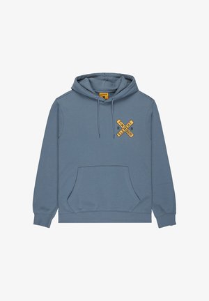 Felpa grigia realizzata in materiale misto cotone. Presenta una tasca a marsupio sul davanti e un logo grafico giallo sul petto. Cappuccio con cordino regolabile.