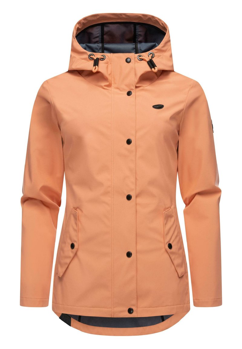 Light orange waterproof jacket with a hood, black snap buttons, and side pockets. Features a smooth texture and contrasting inner lining.