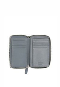 Gray leather wallet with a zippered closure, multiple card slots on the left, a compartment on the right, and embossed branding on the bottom.