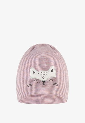 Striped pink beanie hat made from soft fabric featuring a white cat face design, with embroidered ears and facial details in black.