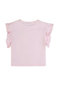 T-shirt rosa a maniche corte con dettagli arricciati sulle spalle, realizzato in morbido cotone, con scollatura rotonda e orlo dritto.