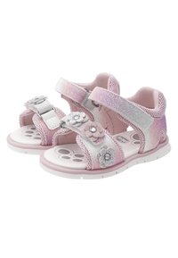 Sandali rosa chiaro e bianchi realizzati in rete e gomma, con dettagli glitterati, decorazioni floreali e cinturini regolabili.