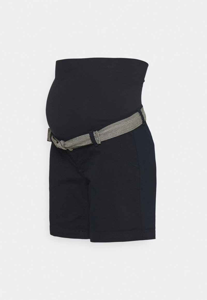 Spodnie ciążowe w ciemnonawowym kolorze, wykonane z elastycznego materiału, z czarnym pasem i wzorzystym beżowym paskiem; wyposażone w dwie boczne kieszenie i luźny krój.