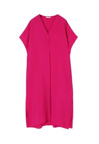 Fuchsia kjole med dyb V-udskæring, korte ærmer og sideslids. Fremstillet af glat stof, med en løs og svævende form. Ingen mønstre eller hardware.
