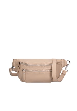 Marsupio in pelle beige con due tasche frontali con zip e tracolla regolabile con fibbie metalliche.