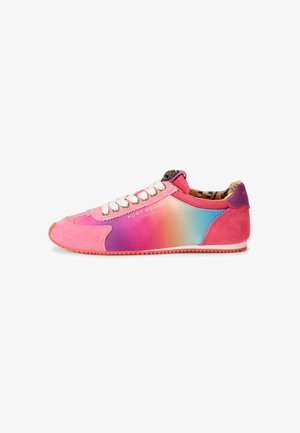 Low-profile sneaker with gradient pink to blue upper, white laces, orange sole, and "Kurt Geiger London" logo on the side.