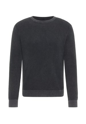 Tamsiai pilkas tekstūruoto mezgimo ilgomis rankovėmis megztinis su apvalia iškirpte, su smakruotais rankogaliais ir apačia, atvaizduotas ant balto fono.