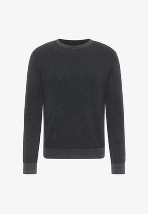 Maglione a maniche lunghe con scollo rotondo in maglia grigio scuro con texture, polsini e orlo a coste, mostrato su sfondo bianco.