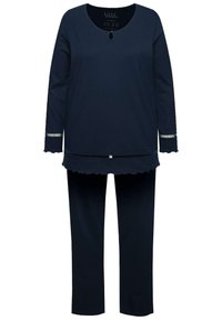 Marineblaues Zweiteiler-Outfit mit langärmligem Oberteil mit gewelltem Saum und Ärmeln, kombiniert mit geraden Hosen. Glatte Stofftextur.