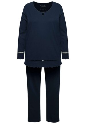 Námořnický dvoudílný outfit s topem s dlouhými rukávy, který má vlnkovaný lem a rukávy, spojený s kalhotami rovného střihu. Hladká textura tkaniny.