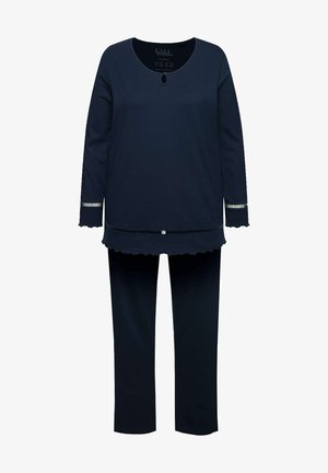 Navy two-piece outfit with long-sleeve top featuring scalloped hem and sleeves, paired with straight-leg pants. Smooth fabric texture.
