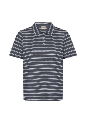 Marineblaue Poloshirt mit kurzen Ärmeln, versehen mit horizontalen weißen Streifen, einem kragenförmigen Ausschnitt und einer Knopfleiste mit drei Knöpfen.