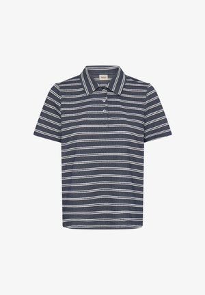 Tamsiai mėlynas polo marškinėliai su trumpomis rankovėmis, su horizontaliais baltais dryžiais, apykakle ir trimis mygtukais priekyje.