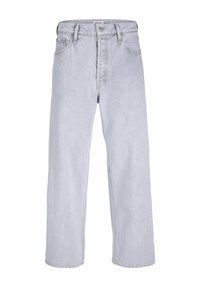 Jeans de mezclilla de lavado claro con un diseño de pierna recta, cintura alta y estilo de cinco bolsillos. Con bolsillos para cinturón y cierre de botón.