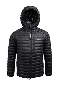 Sort pufferjakke med hætte, der har et kviltet design, fuld lynlås lukning og en brystlomme. Fremstillet af letvægts, vandafvisende materiale.