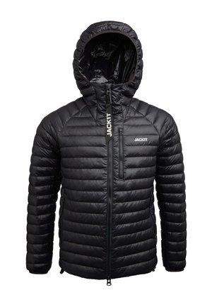 Black puffer jacket with a hood, featuring a quilted design, full zip closure, and a chest pocket. Made of lightweight, water-resistant material.