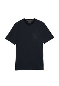 Zwarte katoenen t-shirt met korte mouwen, ronde halslijn en een klein geborduurd logo in de linkerbovenhoek. Zachte textuur.