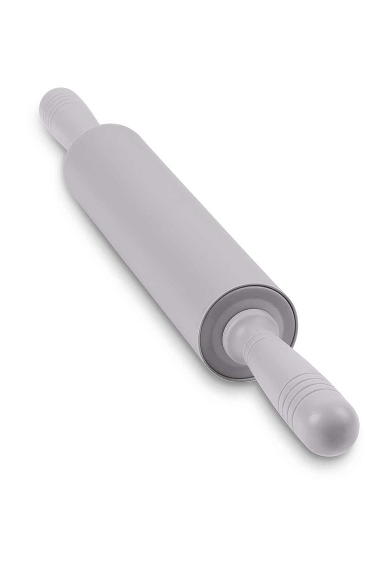 Szary wałek do ciasta z teksturowanymi uchwytami i gładką cylindryczną rurą do równomiernego wałkowania ciasta. Wykonany z tworzywa sztucznego, praktyczny design do użytku w kuchni.