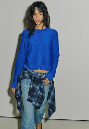 Frau mit langen dunklen Haaren trägt eine leuchtend blaue, geknöpfte Strickjacke, helle Jeans und ein dunkles kariertes Hemd, das um die Taille gebunden ist, vor einem schlichten Hintergrund.