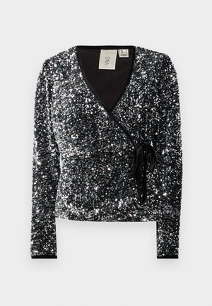 Mustat paljetti-wrap-paita pitkillä hihoilla, jossa on V-purje ja sidottu vyötärö. Kankaassa on sileä sisävuori ja kiiltävä pinta.