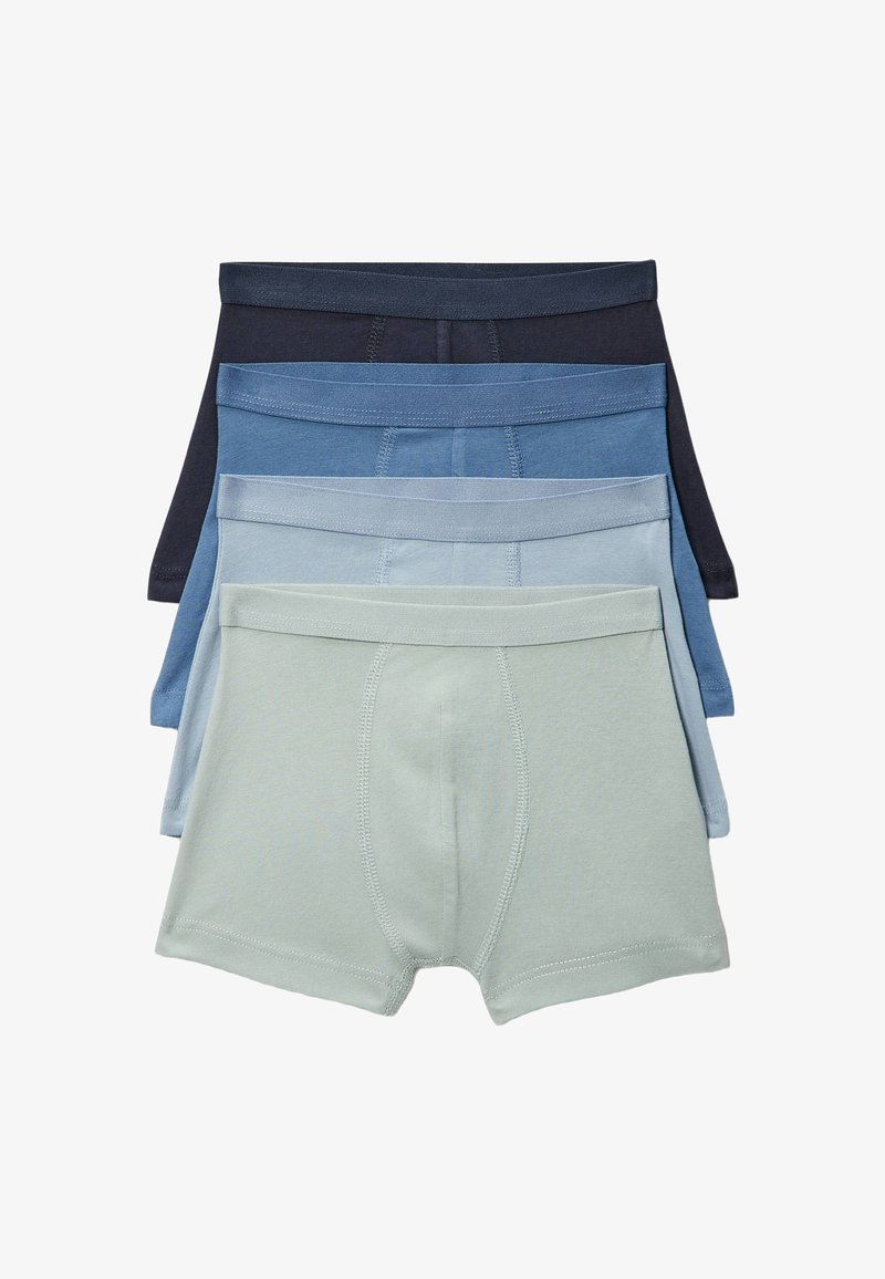 Quatre boxers en coton dégradés de bleu, disposés en pile, vue de face.