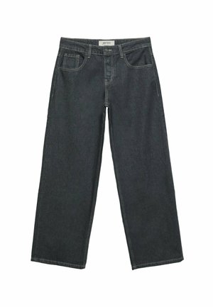 Jeans ampi di colore grigio scuro realizzati in denim, con vita alta, cinque tasche e cuciture visibili lungo le giunzioni.