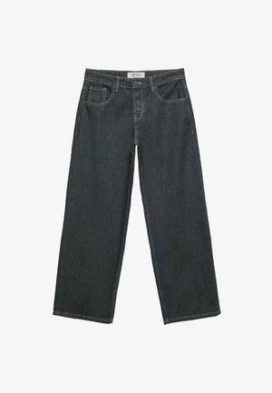 Jeans ampi di colore grigio scuro realizzati in denim, con vita alta, cinque tasche e cuciture visibili lungo le giunzioni.