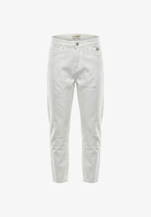 Jeans bianchi in denim con toppe consumate, design con cinque tasche, bottone frontale e etichetta di marca sulla tasca destra.