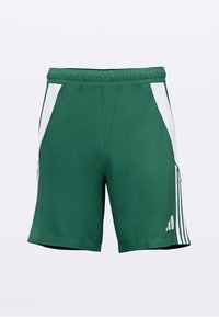 Zöld sportos rövidnadrág sima anyagból. Fehér oldalsó betétekkel és az egyik oldalon három függőleges csíkkal. Rugalmas derékrész.