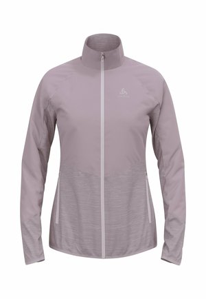 Light purple athletic jacket with a high collar, zipper front, and textured lower panels. Features two zippered side pockets.