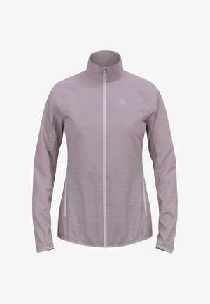 Light purple athletic jacket with a high collar, zipper front, and textured lower panels. Features two zippered side pockets.