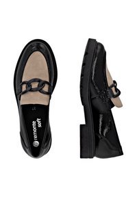 Black and beige loafers with a patent finish, featuring a chain accent and rubber sole, designed with a soft insole for comfort.