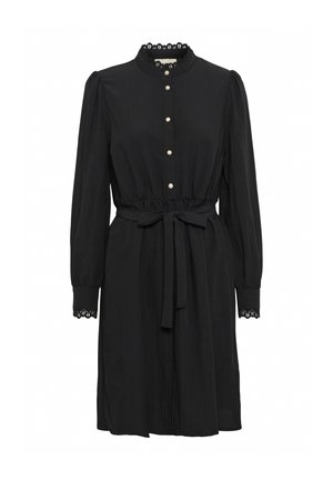 Juoda ilga rankovė su aukštu apykakle, mygtukais susegta priekyje, audinio dirželiu ir nėriniais aptrauktomis rankovėmis, pasižyminti laisvu siluetu ir minkšta tekstūra.