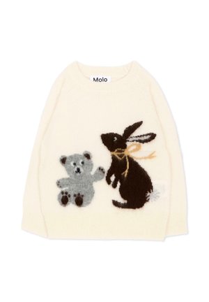 Suéter color crema con un oso de peluche gris y un conejo marrón con una bufanda amarilla tejido en el frente.