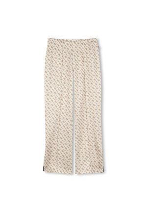 Light beige wide-leg pants with geometric brown patterns, elastic waistband, and side slits at the hem, crafted from a soft fabric.