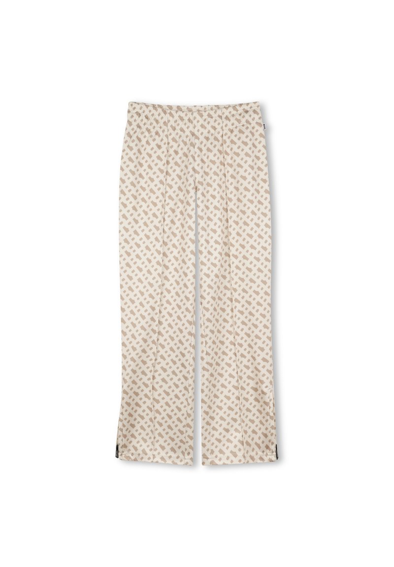 Ljust beige vida byxor med geometriska bruna mönster, elastisk midja och sidofickor vid fållen, tillverkade av ett mjukt tyg.