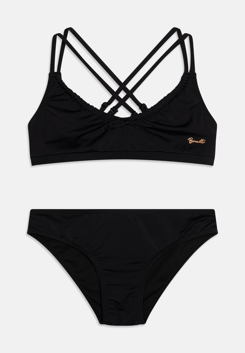 Črn bikini komplet z zgornjim delom bralette z naramnicami na hrbtu in nabrano detajlo. Spodnji del ima klasičen kroj z gladko teksturo.