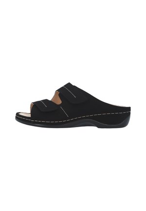 Sort åben tå slip-on sandal med to justerbare velcro stropper og kontrastsyning langs sålen og øverste kant.