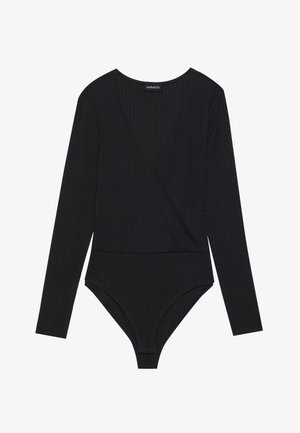 Body de manga longa preto feito de tecido canelado. Apresenta um decote em V profundo e uma silhueta ajustada com um fecho de pressão na parte inferior.