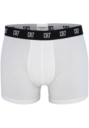 White cotton boxer briefs with a black elastic waistband featuring "CR7" logo. Soft texture, fitted design, and a front pouch detail.
