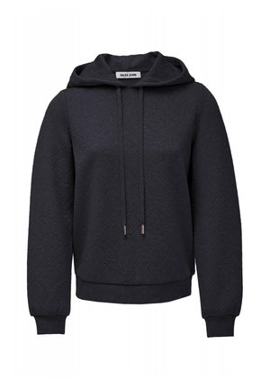 Sweat à capuche bleu marine en tissu texturé avec un motif en relief. Dispose d'une capuche à cordon et de poignets élastiques.