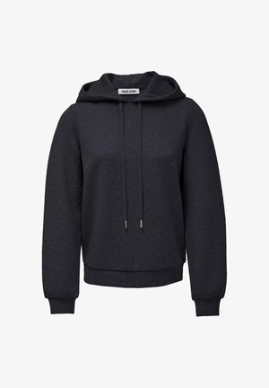 Sudadera con capucha azul marino hecha de tela texturizada con un patrón en relieve. Cuenta con capucha con cordón y puños elásticos.