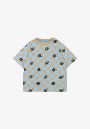 Korte mouw t-shirt in lichtblauw met een beige geruit patroon, met herhaalde cartoonfiguren met hoeden en vredesteken, gemaakt van katoen.