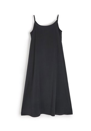 Czarna sukienka na ramiączkach wykonana z lekkiego materiału. Charakteryzuje się luźnym, zwiewnym krojem i zaokrąglonym dekoltem.