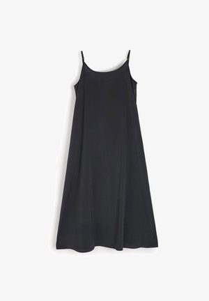 Czarna sukienka na ramiączkach wykonana z lekkiego materiału. Charakteryzuje się luźnym, zwiewnym krojem i zaokrąglonym dekoltem.