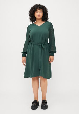 Robe verte avec un décolleté en V et une ceinture à nouer, dotée de manches longues en tissu transparent et texturé. Fini avec un ourlet au genou et porté avec des chaussures noires.