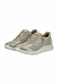 Baskets gris clair avec un dessus texturé, des accents métalliques, un laçage et une fermeture éclair sur le côté. Semelles souples pour plus de confort et de flexibilité.